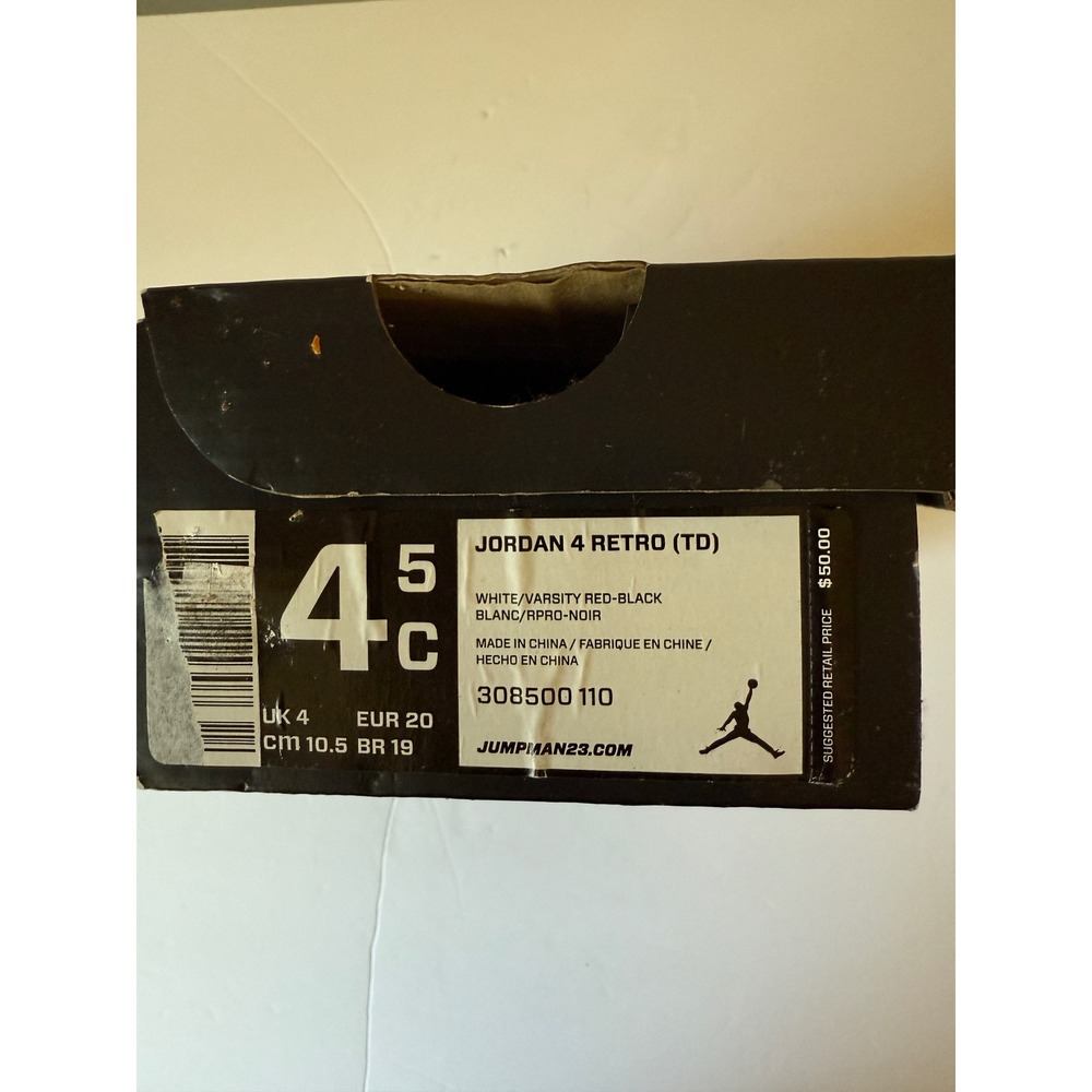 Jordan 4 Retro TD Fire Red Toddler Sneakers White Red Black size 4.5 308500 110 - Picture 2 of 8